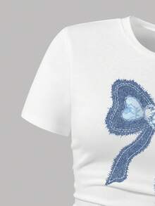 Conjunto de blusa de manga corta con estampado de dibujos animados y falda de mezclilla para adolescentes - Blanco - Ver 4