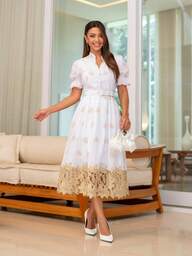 Vestido midi Luxo elegante  bordado com cinto botao e gola manga curto