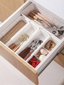 半套可扩展厨房收纳盒，抽屉式桌面餐具收纳盒，内置可拆卸隔板，可分隔厨房用具、餐具、刀叉、勺子等，多功能收纳盒，橱柜收纳盒，家居收纳用品，厨房收纳工具