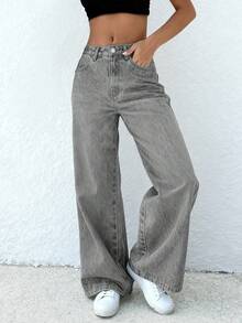 Women's Loose Fit Retro Straight-Leg Jeans With Pockets, Casual - Grey - View 2