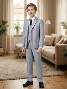 青少年男孩五件套西装，幼儿燕尾服正装，花童礼服，婚礼西装外套、马甲、裤子、衬衫、领带，正式西装，适合青少年男孩生日、婚礼、毕业典礼、婚礼宾客等场合，浅灰色，尺码6-16岁 - 淺灰色 - 查看 4
