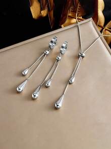 Set de collar con colgante ovalado y en forma de gota de agua + aretes de acero inoxidable, set de joyería personalizada - Conjunto collar + pendientes - Ver 2