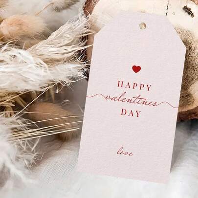 50 Etiquetas de regalo rosas con cuerda de cáñamo - Feliz Día de San Valentín, con diseño de corazón rojo, etiquetas para envolver regalos adecuadas para regalos románticos, fiestas de San Valentín e intercambio de regalos