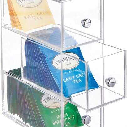 Plastic Kitchen Pantry Stackable Storage Organizer Container Station With 3 Drawers Cabinet, Countertop, Holds Coffee, Tea, Sugar Packets, Creamers - Lumiere -