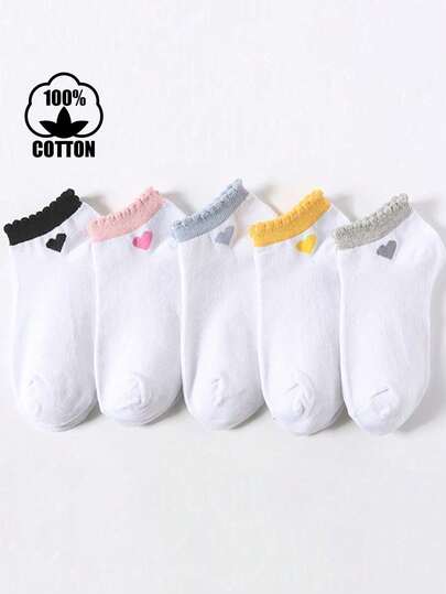 5 đôi tất cotton dài đến bắp chân in hình trái tim và chữ cái dành cho trẻ em và thanh thiếu niên, kiểu dáng sinh viên, đa năng, phù hợp cho tiệc Valentine.