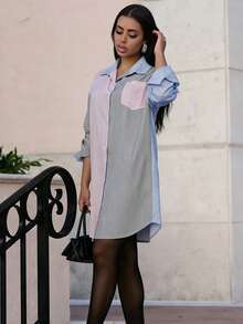 Robe élégante à manches longues, col chemise, poche, style de rue, mode printemps femme, style décontracté, rayures, color-block, patchwork - Rose et gris - Voir 1