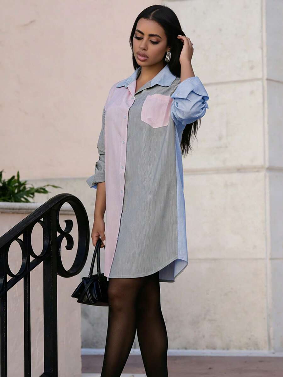 Robe élégante à manches longues, col chemise, poche, style de rue, mode printemps femme, style décontracté, rayures, color-block, patchwork - Rose et gris - Voir 1