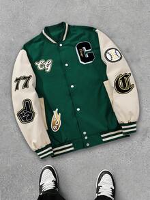 MAISONFOX Men's Color Block Letter Print Button Up Jacket,Men College Style Varsity Jacket, Vacation, Fashion, Long Sleeve Color Block Baseball Jacket - Army Green - View 9