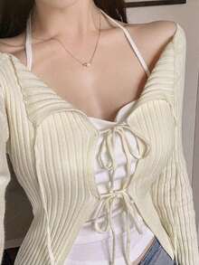 休闲百搭纯色系带长袖针织开衫 - 杏色 - 查看 1