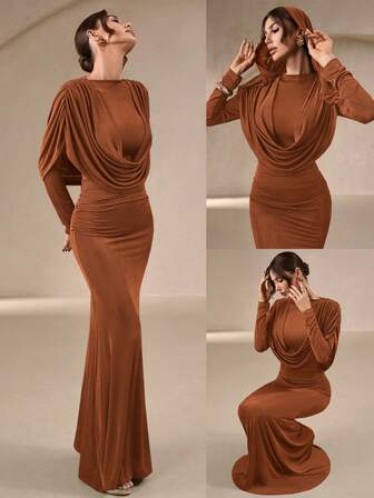 Women's Elegant Green Smooth & Glossy Fitted Maxi Dress - Features Draped Neckline, Hooded Design, Fishtail Hem, Ideal For Bridesmaid, Wedding, Afternoon Tea, New Year Celebration And More