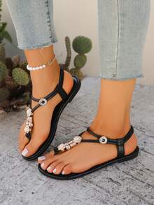 Girl's Bohemian Wooden Bead Woven Flat Sandals, Suitable For Summer - Black - View 5
