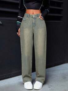 Pantalón Mujer Casual MOM JEANS Washed Tela Rígida no elástica  Straight Bolsillos Button Zipper Primavera Verano Diario Pantalón - Verde militar AV - Ver 2