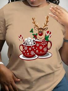 Camiseta casual de mujer con estampado navideño, cómoda camiseta de cuello redondo de manga corta, adecuada para usar en primavera y verano, fiestas navideñas y atuendos de invierno, adecuada para cualquier ocasión, color sólido, estilo casual, fiesta de Navidad, reunión familiar, uso diario. - Caqui - Ver 1