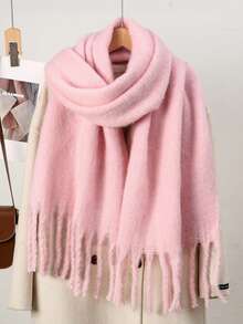 1 chiếc khăn choàng cashmere màu sáng ấm áp dành cho nữ, khăn choàng tua rua màu hồng mềm mại, thích hợp để giữ ấm khi ra ngoài, có thể dùng làm quà Giáng sinh. - Hồng - Xem 2