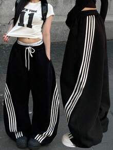 Women's Y2K Baggy Striped Sweatpants, High Waisted Wide Leg Casual Pants, Joggers With Drawstring Waist And Cuffs - 黑色 - 查看 1
