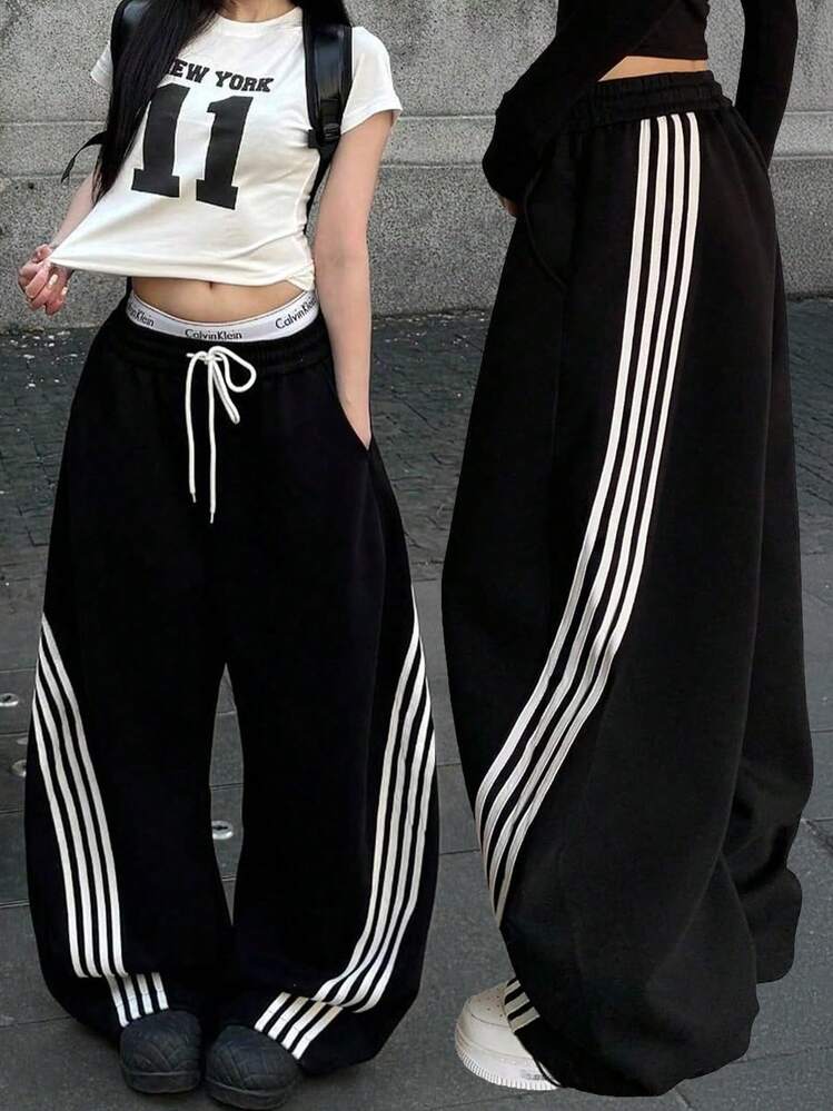 Women's Y2K Baggy Striped Sweatpants, High Waisted Wide Leg Casual Pants, Joggers With Drawstring Waist And Cuffs - 黑色 - 查看 1