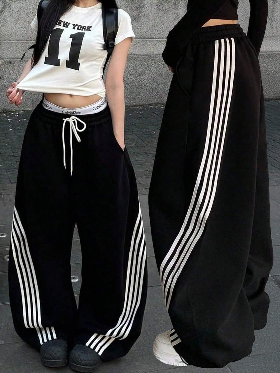 Women's Y2K Baggy Striped Sweatpants, High Waisted Wide Leg Casual Pants, Joggers With Drawstring Waist And Cuffs - 黑色 - 查看 1