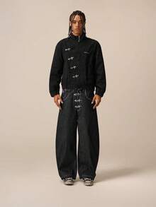 Black Friday1-Aelfric Eden Metal Button Boxy Jacket Black Long Sleeve Stand Collar Slant Placket Unisex Fashion Street Jacket Retro Y2K - 深灰色 - 查看 5