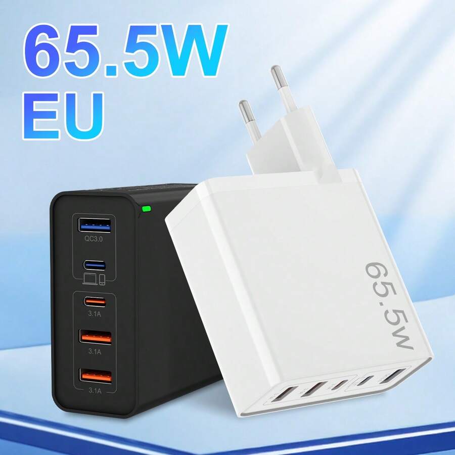65.5W USB-C Fast Charger (2 USB-C Ports + 3 USB-A Ports), Compact PD Charger Adapter For MacBook, 17/16/15/14, IPad, And More - Super Fast Charging, Essential For Travel And Home - EU C Type Plug(220-240V) - View 1