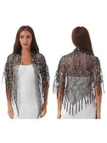 1件装女士亮片流苏不对称长披肩，亮片披肩，适合日常穿着