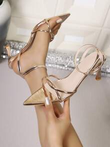 Women's New Metallic Gold Stilettos High Heel Sandals, Pointed Toe Strap Stilettos, Hollow Out Versatile Dress Shoes For Outdoor, Party, Gathering
