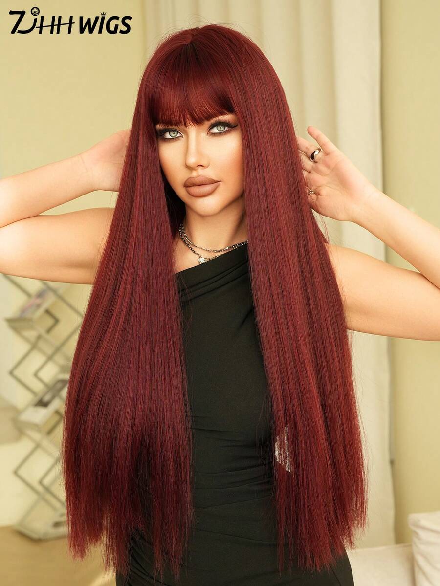 7JHH WIGS 28英寸超长直发深红色女士假发 - 优雅蓬松合成直发假发，带刘海，优质耐热合成纤维酒红色假发，适合日常佩戴、角色扮演和派对使用，毕业礼物和母亲节礼物，假发配件