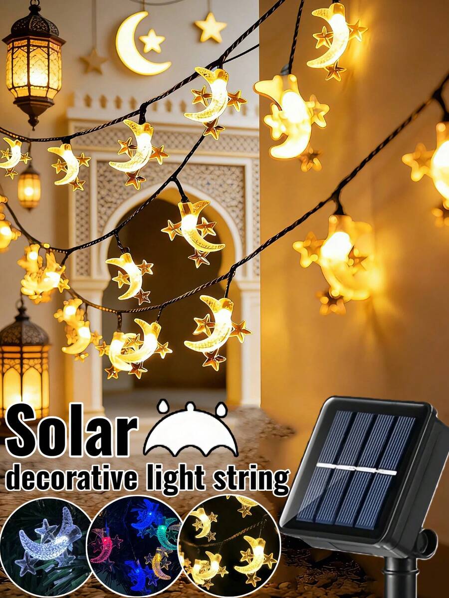 20/50/100pcs LED Solar Star & Moon String Lights - 8 Lighting Modes, Waterproof Fairy Lights, Outdoor Garden Lights, Suitable For Garden, Yard, Patio, Roof, Wedding, Festival, Party, Ramadan And Eid Decoration, Easter Decorative String Lights