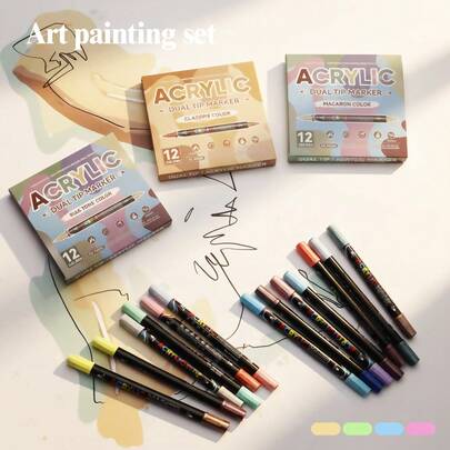 12/48 Colors Dual Tip Acrylic Marker Pens Set, Classic, Metallic, Macaron, Skin Tone Color Systems, Children/Student Art Drawing Painting Supplies, Watercolor, Quick Dry, DIY Graffiti