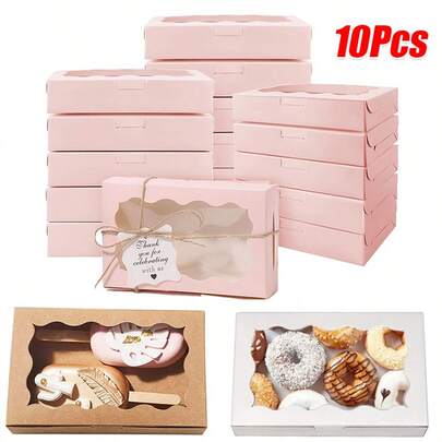 10個 クラフト紙クッキーボックス 透明窓付き、ペストリー、ドーナツ、マカロン、キャンディ、フライドポテト、クッキーの包装に適しています。休日、誕生日、卒業式、小さな贈り物箱にも使えます。