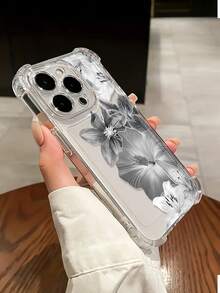 Floral Pattern Transparent Full Coverage Phone Case, Gray Floral Design, Compatible With IPhone 17/17 Air/17 Pro/17 Pro Max/16 Pro Max, 15, 14 Plus, 13, 12, 11, Waterproof, Shockproof, Anti-Fall, Anti-Scratch Protective Cover - Clear - View 5