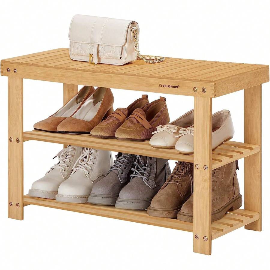 SONGMICS Banco Zapatero, Organizador para Zapatos de Bambú, 28.x 70.1 x 45.3, para Sala de Estar, Dormitorio, Natural MLBS04N 1BSH - Marrón - Ver 1