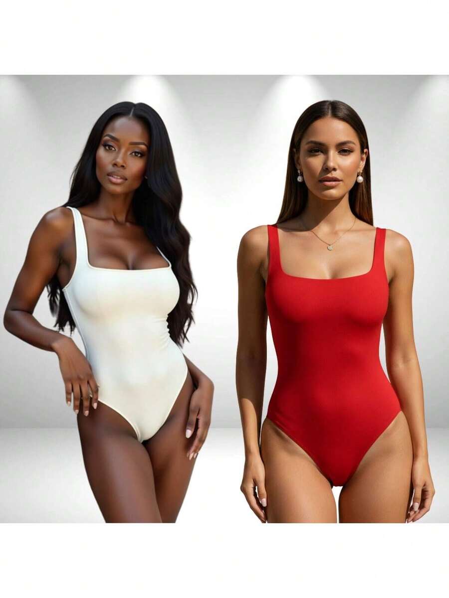 SET OF 2 Women's Square Neck Tank Top Bodysuits With Thin Straps In Spandex - BLACK, WHITE aND RED - View 1
