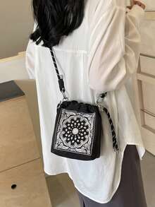 可爱刺绣帆布水桶单肩斜挎包，防水尼龙时尚手提包，腰果花刺绣，可拆卸肩带 - 彩色 - 查看 6