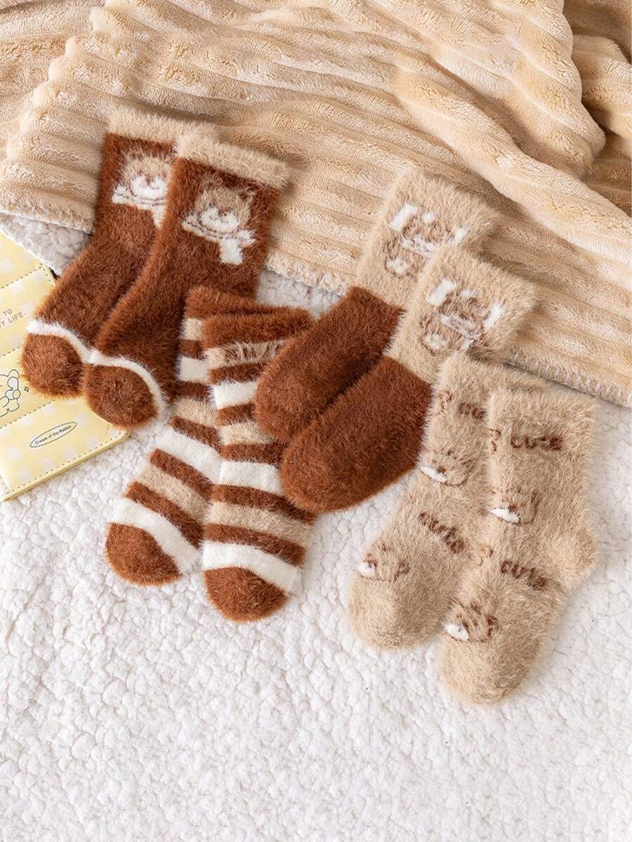 4双装儿童加厚中筒袜，小熊图案，男女通用，冬季百搭袜 - 彩色 - 查看 1