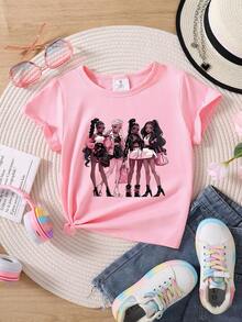 Young Girls Cartoon Girl Print Short Sleeve T-Shirt - Pink - View 3