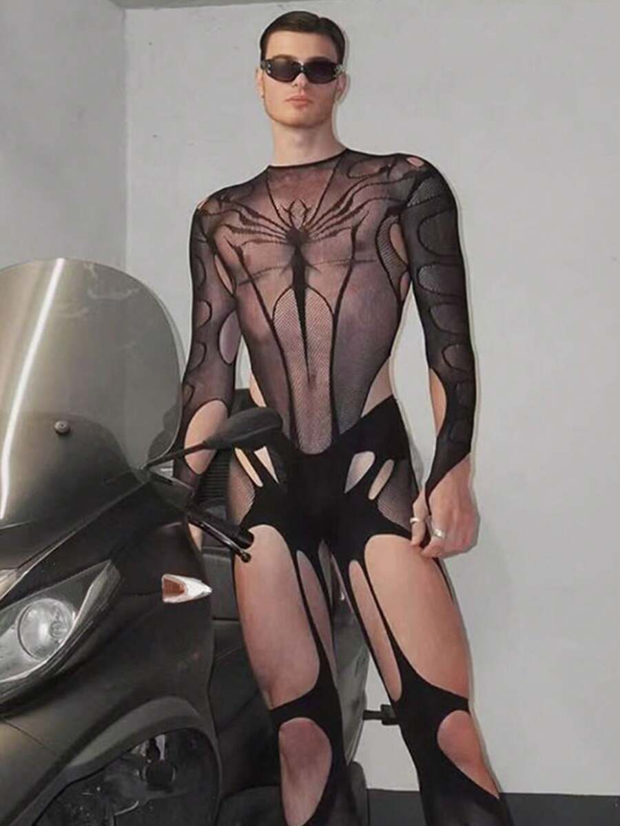 男士渔网连体袜，性感镂空透视内衣 - 黑色 - 查看 1