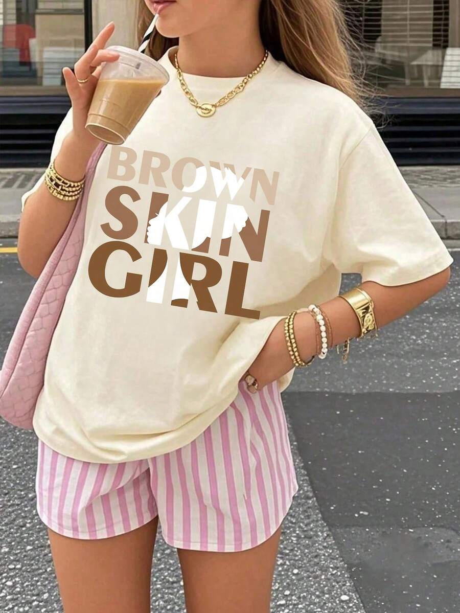 Girls & Teenagers Students Casual Printed Black Crew Neck Short Sleeve T-Shirt Top, Summer - 杏色 - 查看 1