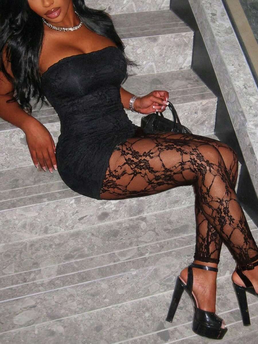 Đầm ngắn quây ngực ren 3D màu đen dành cho nữ, kiểu dáng gợi cảm, thanh lịch, thích hợp cho tiệc tùng và câu lạc bộ. - màu đen - Xem 1