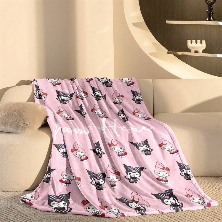 1pc Sanrio Characters Flannel Blanket, Customizable Name, Pink Base Color, All-Over Kuromi & My Melody Print, Sweet & Cute Style - Suitable For All Seasons, Soft, Lightweight, Warm, Suitable For Sofa, Bed, Outdoor - Perfect Birthday And Holiday Gift For Family And Friends - Multicolor - View 11