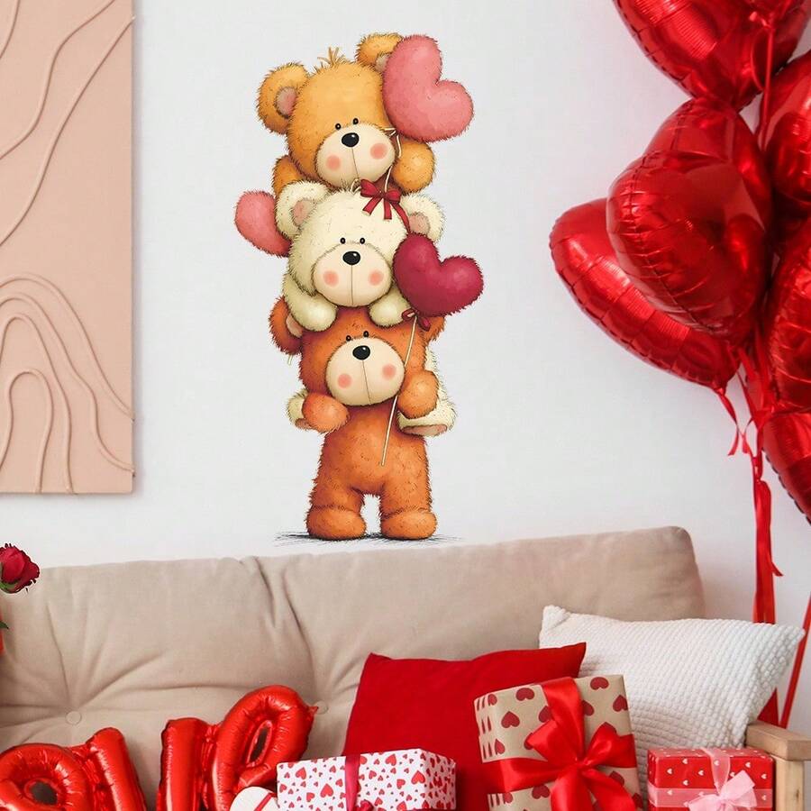 1pc Valentine's Day Plush Bear Wall Sticker - Cute Bear Holding Heart-Shaped Balloon, Self-Adhesive Romantic Decor For Living Room And Bedroom, Creating Warm Home Wall Art - Adorable Bear And Heart-Shaped Balloon, Removable Peel And Stick Decor, Suitable For Couple's Room Makeover, Anniversary Gift Wall Sticker - Romantic Bear Holding Heart Balloon, Instant Application, Surprise Her With Home Decor - Multicolor - View 1
