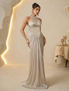Elegant Women's Pearl Beaded Maxi Formal Dress, Featuring Pleated & Fishbone Details On Bust, Sleeveless Woven Fabric Gown - Apricot - View 5