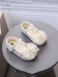 Zapatos planos de princesa para niños - Diseño con brillo de strass y lazo, suela suave para niñas pequeñas, perfectos para fiestas/bodas - Blanco marfil - Ver 3