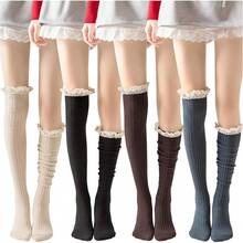 NEW- 4 Pack Women Cotton Knit Boot Socks Knee High Socks Stockings With Lace Trim, Free Size, Beige Black Coffee Green - Phụ huynh - Xem 9