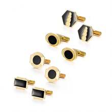 4 Pairs Classic Oil Drop Enamel Cufflinks Set For Men, Black & Gold Color, Comes With Gift Box, Suitable For Dress Shirt And Suit - Yellow Gold - View 4