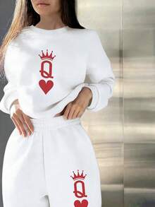 Women's Spring/Autumn Casual 2-Piece Set, Includes Loose Fit Sweatshirt & Pants, Crown & Heart Playing Card Print, Soft Drapey Fabric, Suitable For Office, Leisure, Home, Outdoor, Retro, Minimalist - White - View 3