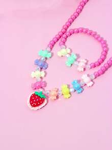 2pcs/Set Girls Cute Candy & Strawberry Pendant Pearl Beaded Bracelet, Necklace Jewelry Set, Suitable For Holiday Party, School, Birthday Gift, Random Color - Multicolor - View 2