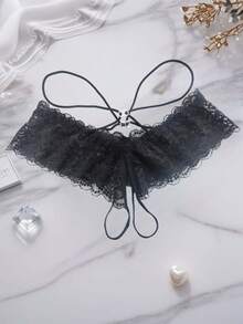 AB. Rhinestone Sexy Lingerie Shorts, Fashionable Lace Panties, Open-Crotch T-Pants, Women's Hot Thong, Transparent Underwear - Black - View 1
