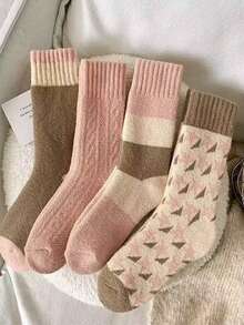 4 Pairs Women's Wool Blend Socks, Thick Warm Thermal Lined Mid-Calf Socks, Cute Girly Style - Multicolor - View 2