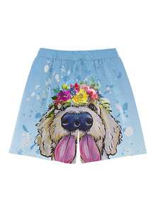 A Pair Of Fresh, Hand-Painted Woven Fabric Splatter Texture Men's Everyday Wear Light Blue Floral And Cute Dog Pattern Beach Shorts Perfect For Summer. - Nhiều màu - Xem 3