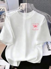 少女休闲蝴蝶结字母图案短袖圆领T恤，夏季 - 白色 - 查看 3